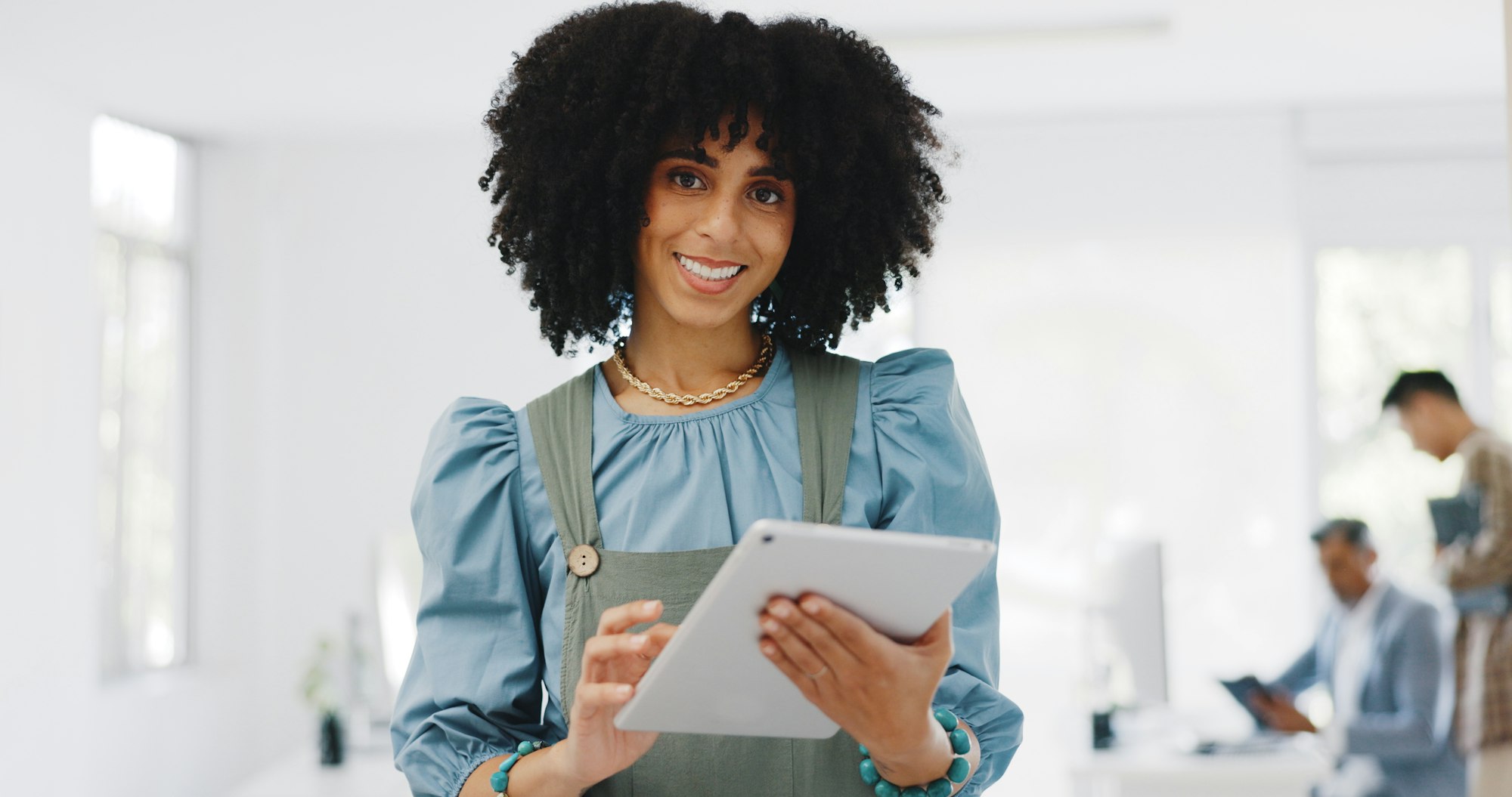 Face, business and black woman with tablet, connection and social media. Portrait, African American